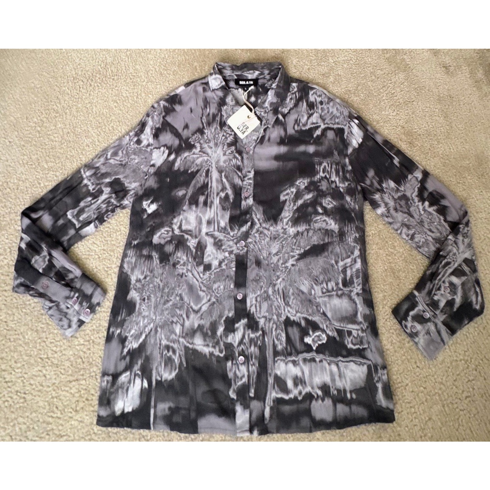 Ser.O.Ya Mens Large Button Up Shirt Gray Black Abstract Print Nwt Designer